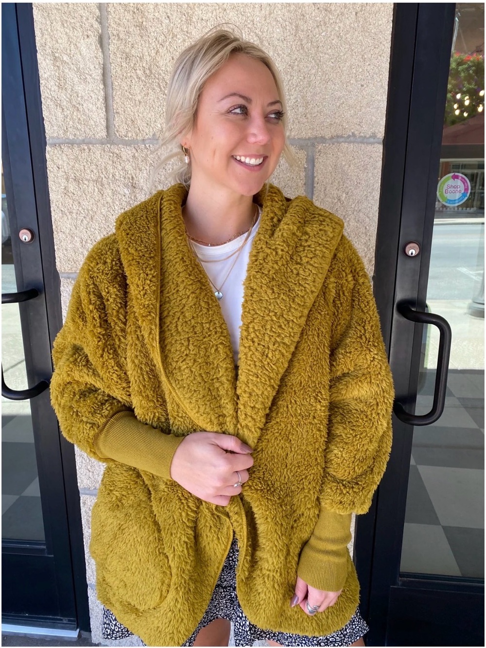 Plush Hooded Teddy Jacket in Mustard